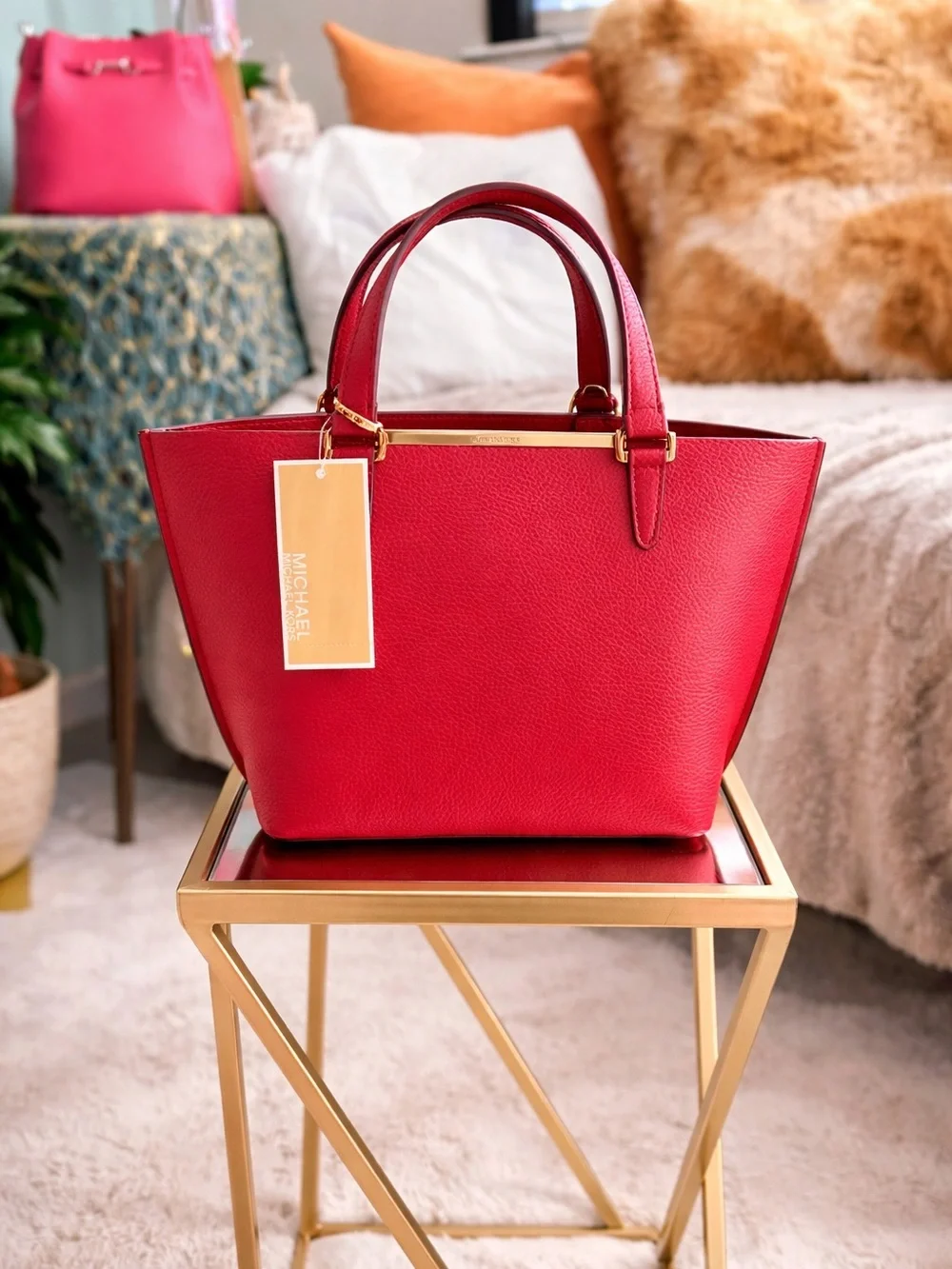 NWT Red Michael Kors Pebbled Leather Top Handle Satchel Crossbody Bag